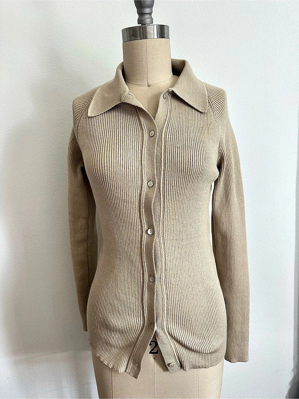 sergé basics Ribbed Knit Collared Cardigan in Beige